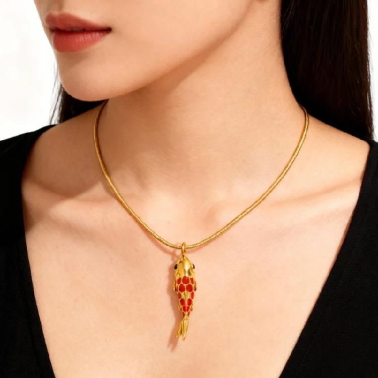 Modern Red Lacquer Carp Pendant Necklace Tarnish Resistant Stainless Steel 18k Gold Plated Everyday Jewelry Design