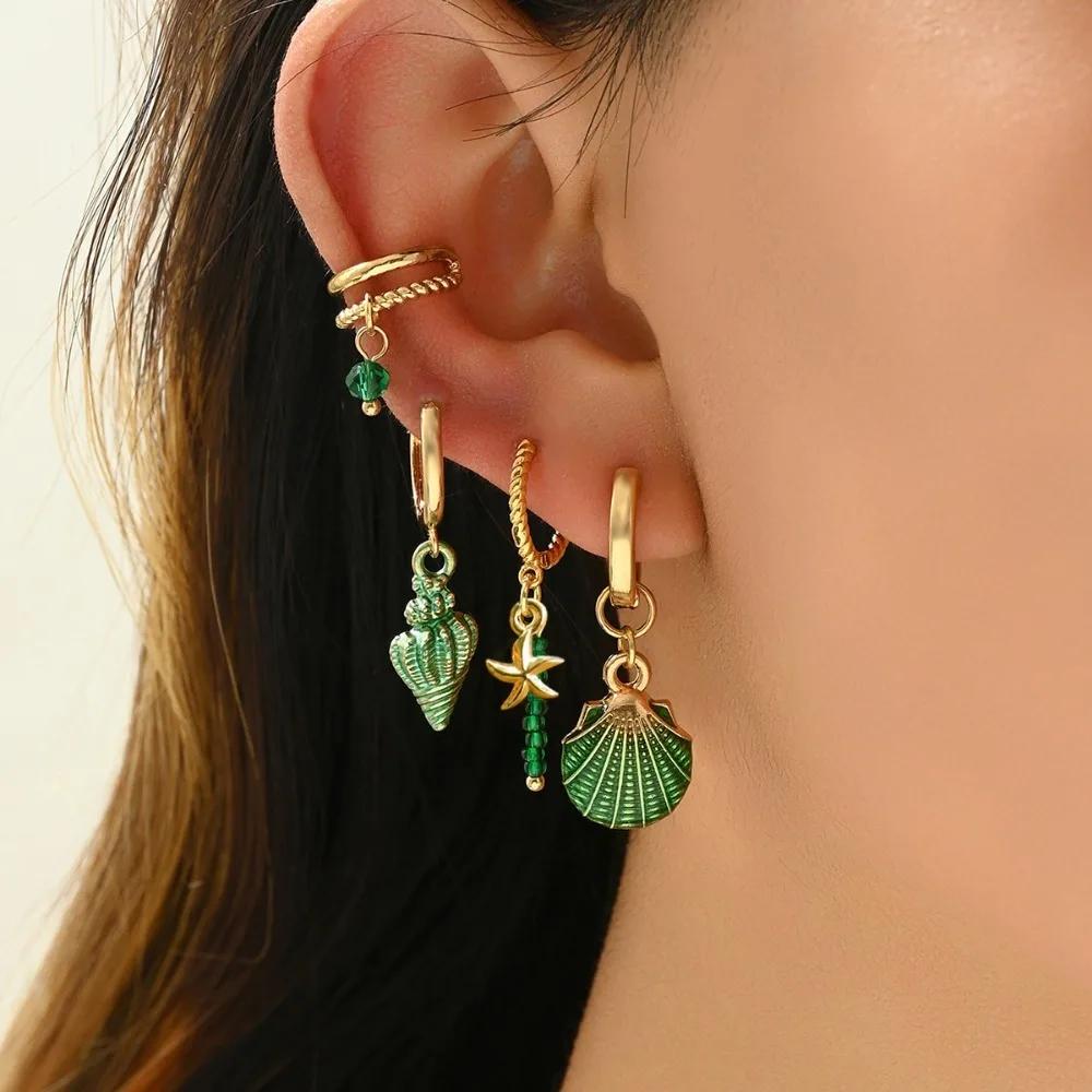 4PCS  Bohemian Ocean Style Starfish Pendant Beaded Ear Bone Clip Girls Shell Conch Earrings Set For Women