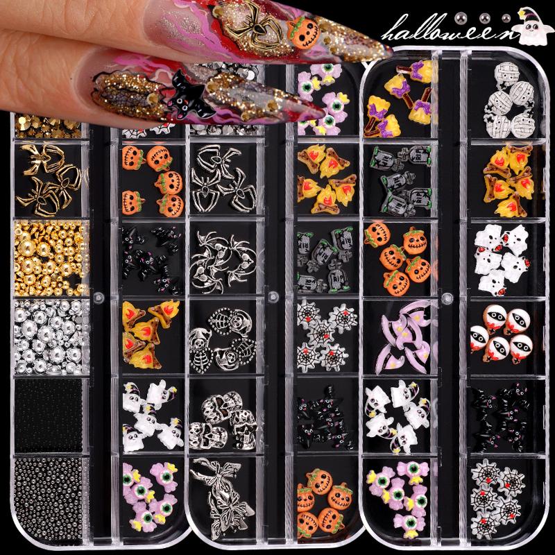 12 Grid Halloween Series Nail Art Jewelry Cartoon Ghost Pumpkin Spider Bat Nail Charms Diy Nail Art Decoration Accessories