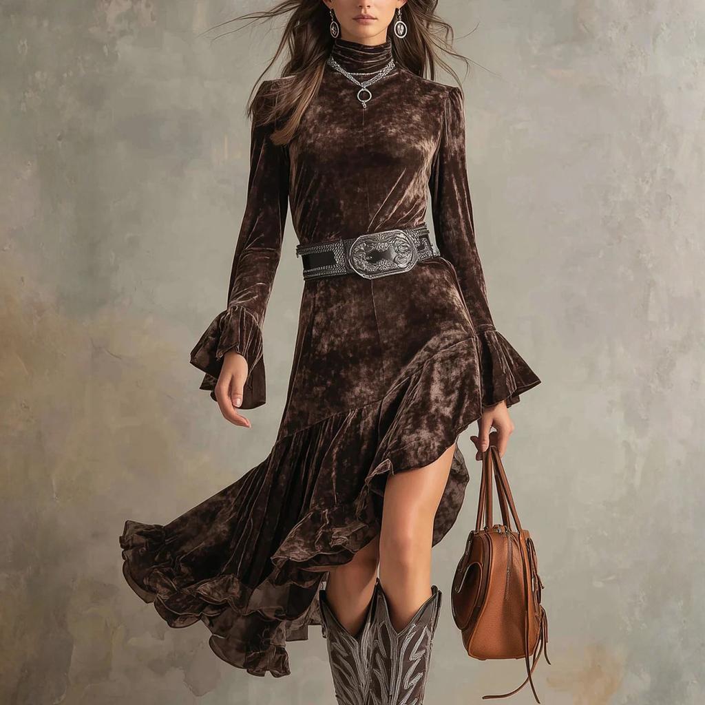 Women's Velvet Long Sleeve Tight Waist Dress Vintage High Neck Irregular Skirt Dress