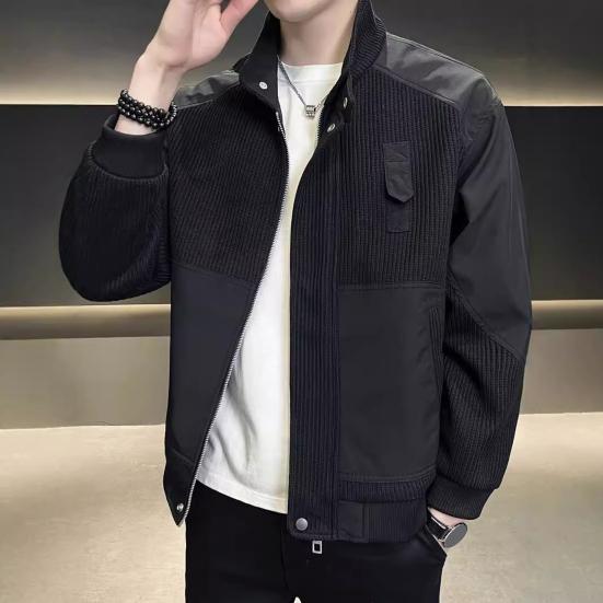 Men Jacket Stand Collar Long Sleeve Zipper Placket Jacket Coat Solid Color Retro Corduroy Jacket Short Style Windbreaker