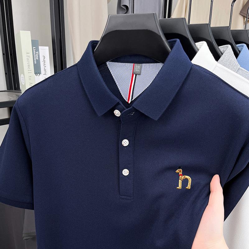 Short-Sleeved T-Shirt Men'S Medium And Green Lapel Collar Business Casual Solid Color Polo Shirt Simple Embroidery