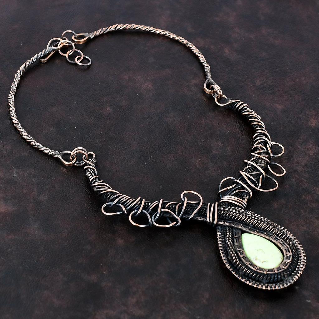 Lemon Chrysoprase Necklace Copper Wire Wrapped Necklace Handmade Gemstone Necklace Beautiful Copper Jewelry Adjustable Necklace Gift For Mom