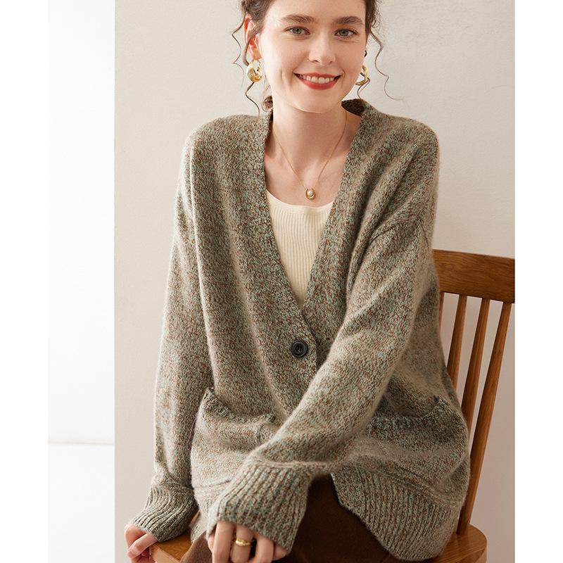 Women's V-Neck Cashmere Knit Cardigan - Autumn/Winter, Long Sleeve, Thick, Stylish & Versatile.