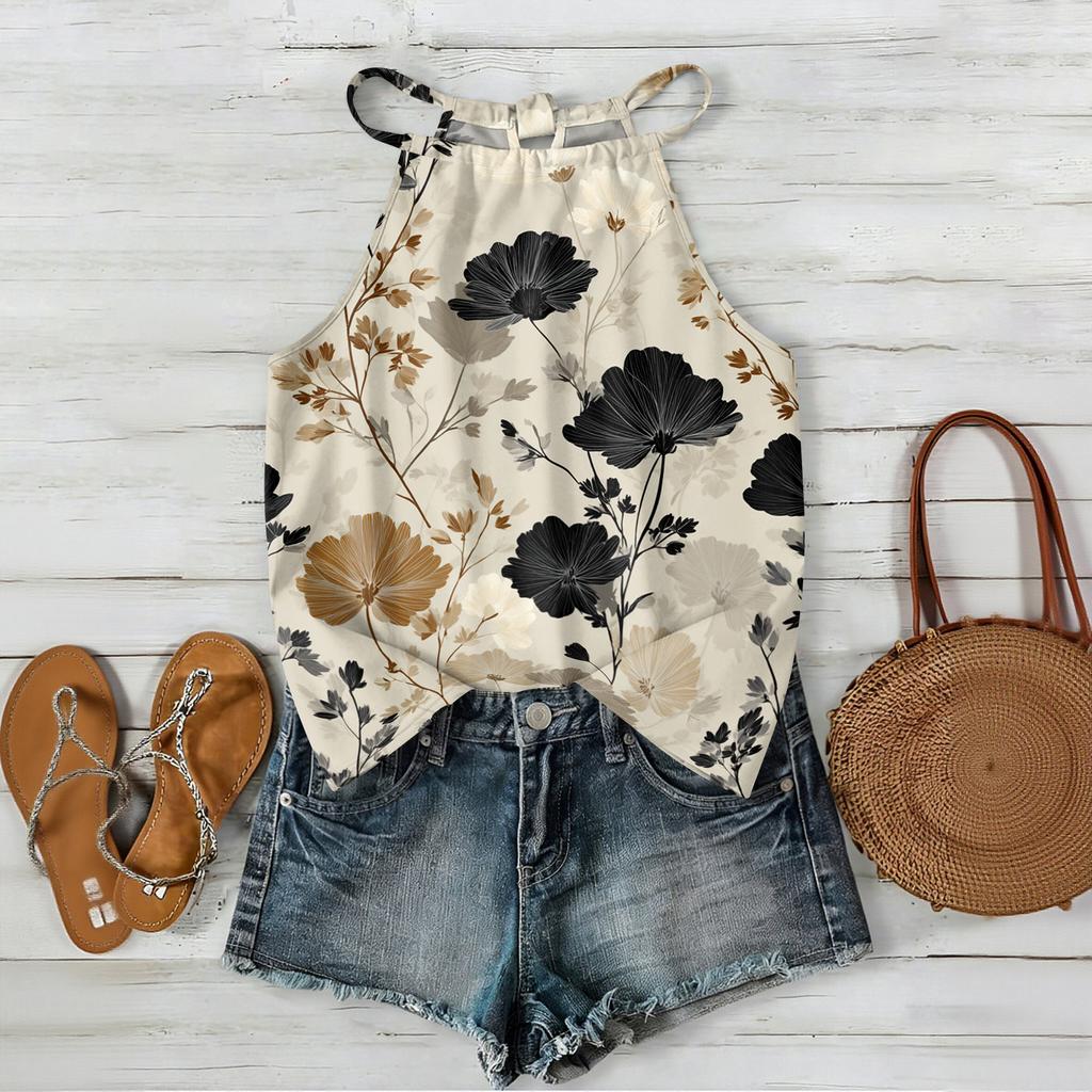 Damen ärmelloses Boho-Tanktop mit Blumendruck Verstellbarer Träger Lässige Sommerbluse Leicht Lockerer Schnitt