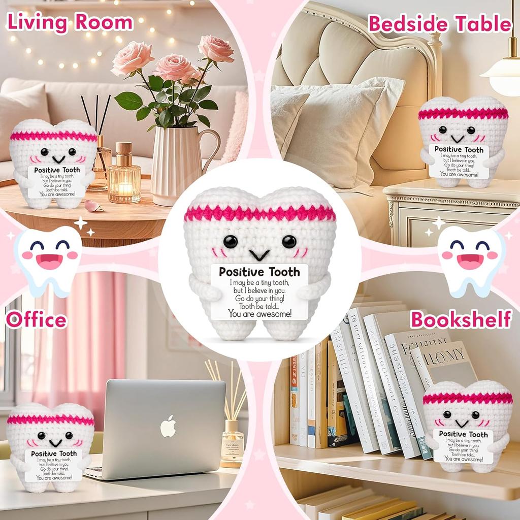 Funny Crochet Positive Energy Tooth Doll With Card Home Room Decoration Handmade Knitted Tooth Desktop Ornament Christmas Gifts
