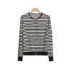 Artistic Striped Mulberry Silk Cardigan - Women's Black & White Round Neck Knit Top for Autumn