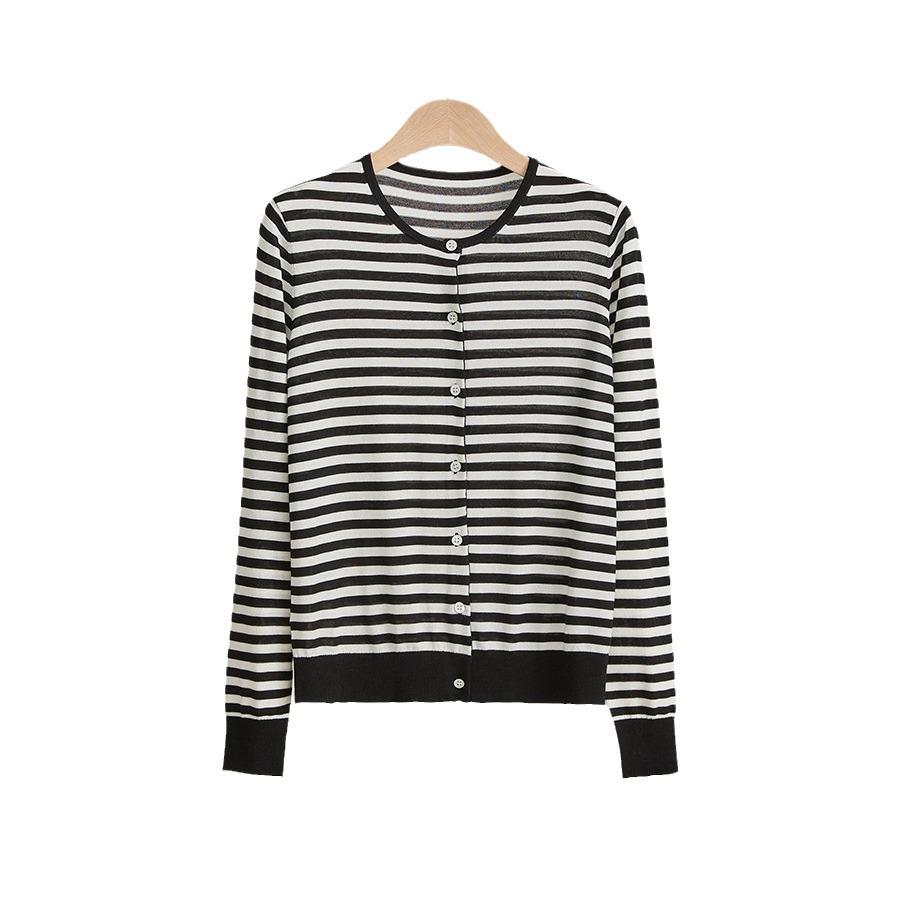 Artistic Striped Mulberry Silk Cardigan - Women's Black & White Round Neck Knit Top for Autumn