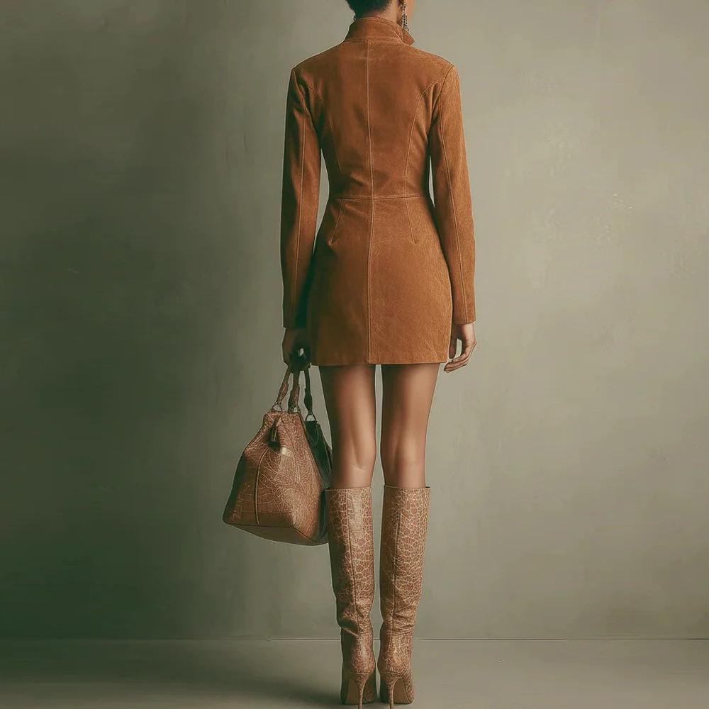 2025 Fall/Winter European & American Women's Suede French Zipper Long Sleeve Short Dress