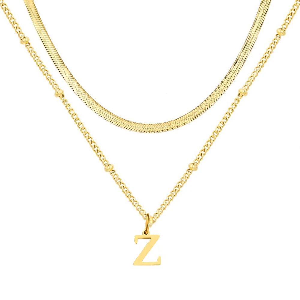 

Двухслойное ожерелье из нержавеющей стали Золотистое 26 букв инициалов Европейский и американский стиль моды Женский циркон Оптом