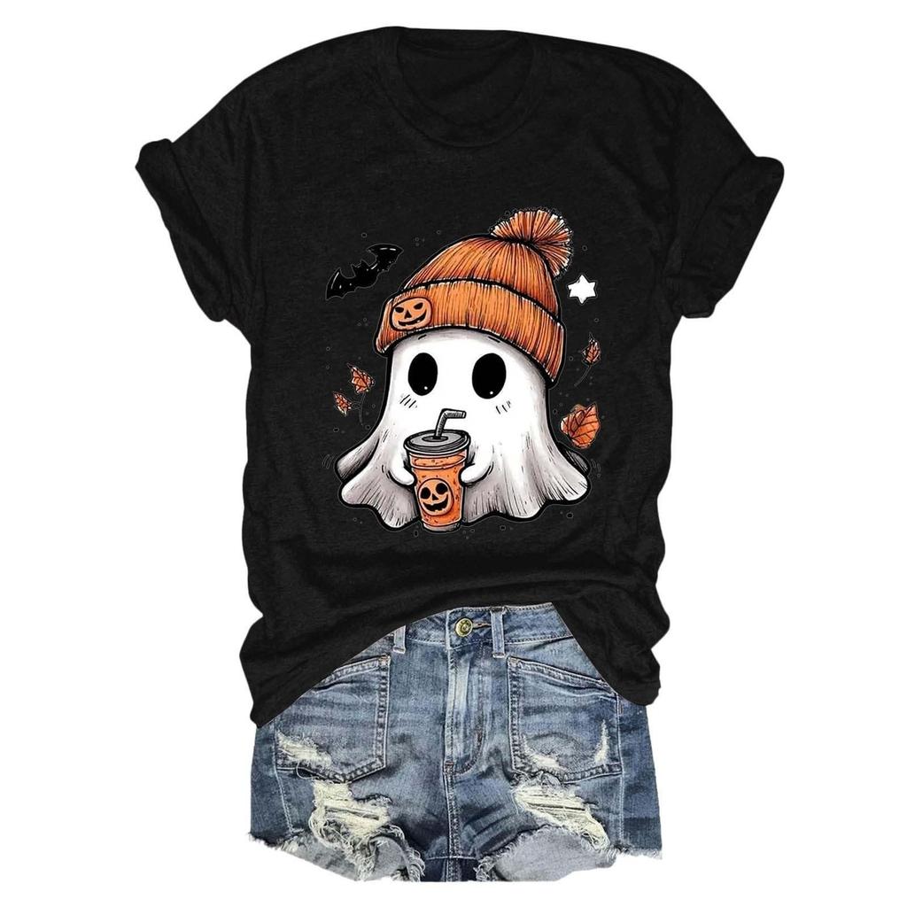 Women's fashionable casual short-sleeved Halloween printed round-neck top