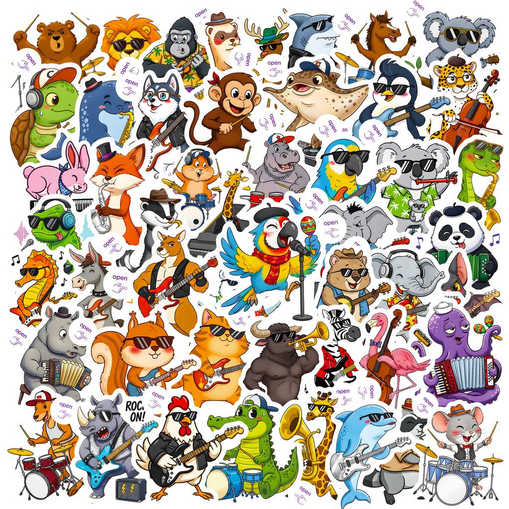 50 Cartoon Fun Animal Musical Instruments Graffiti Stickers Creative Easy To Tear Small Handle Children Diy Material Stickers