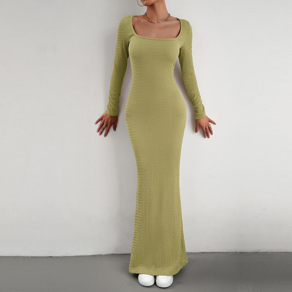 ქალთა შემოდგომის თხელი მორგებული კვადრატული კისრის გრძელმკლავიანი მყარი ფერის ნაქსოვი კაბა