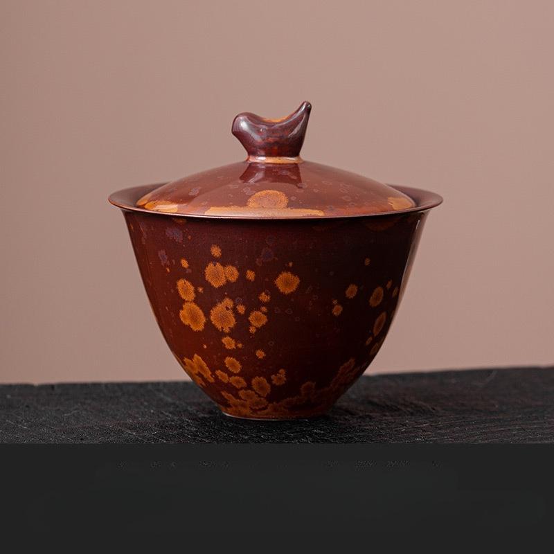 Chestnut Brown Ceramic Tea Cup Cover Bowl Handmade Ceramic Teaset Home Vintage Thickened Kung Fu Teaset Tea Making Ceremony Gift
