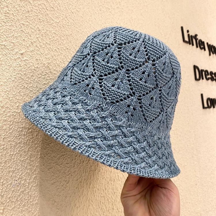 Bucket Hat Women's Spring and Summer Plain and Versatile Fashion Bucket Hat Hollow Face Small Temperament Knitted Basin Hat
