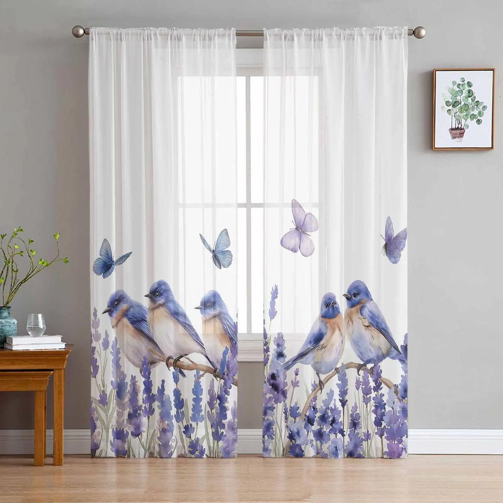 Violet Purple Lavender Floral Butterfly Plaid Violet Purple Transparent Curtains Living Room Decoration Window Panel Curtain Cooking Area Netting