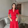  European and American Amazon Women's New V-Neck Short Sleeve Waist Top High Waist Wide Swing Long Skirt Temperament Set