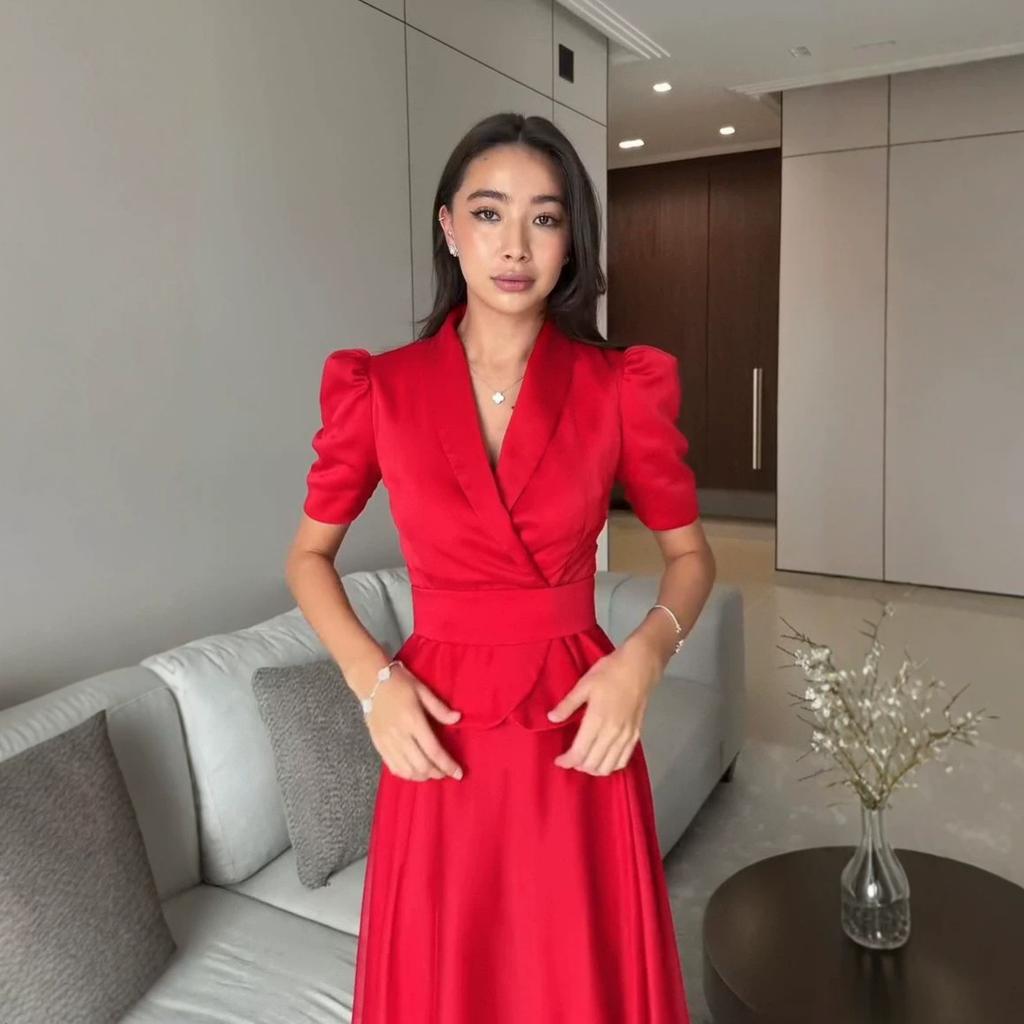 European and American Amazon Women's New V-Neck Short Sleeve Waist Top High Waist Wide Swing Long Skirt Temperament Set