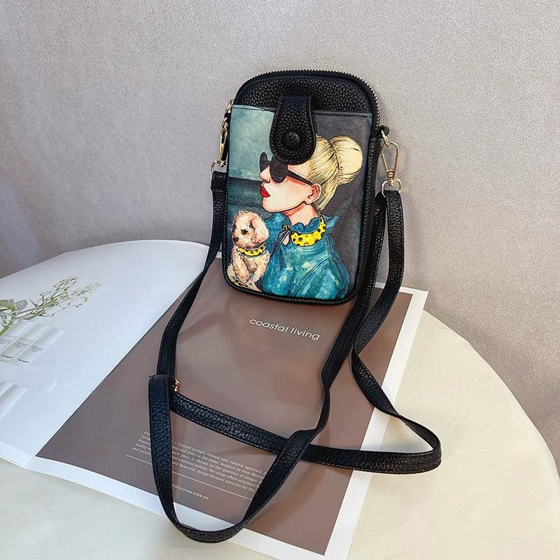 Ethnic Pattern Mini Crossbody Phone Bag for Women Double Zipper Leather Small Shoulder Pouch with Card Slots Strap for Travel & Daily Use