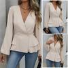 Top da donna Scollo a V Manica lunga Blusa snellente Vita aderente Orlo con volant Camicia a tinta unita Top Abbigliamento quotidiano