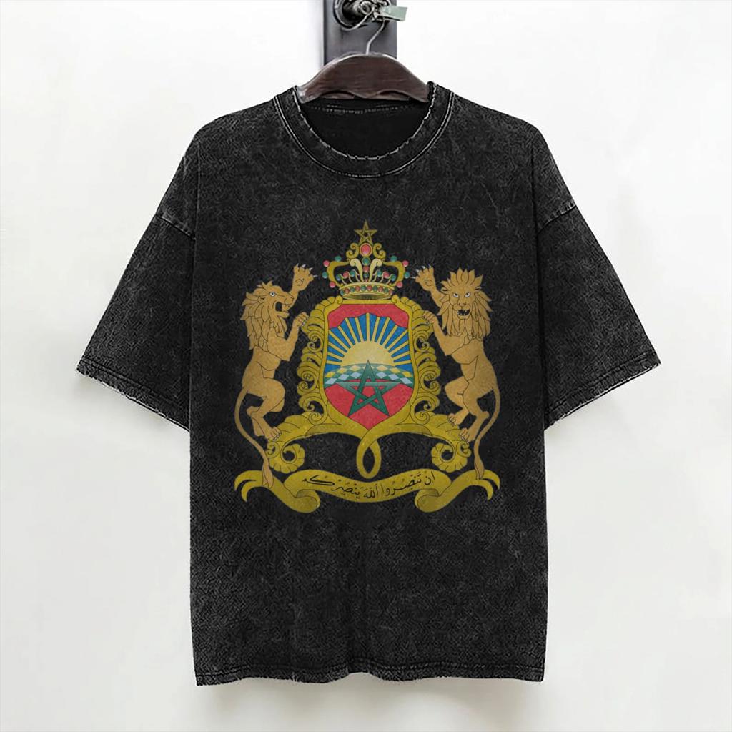 Washed T Shirts Morocco Flag Hip Hop Fashion Tshirt Harajuku Moroccan Streetwear Short Sleeve Printed Tee Shirt For Men Women
