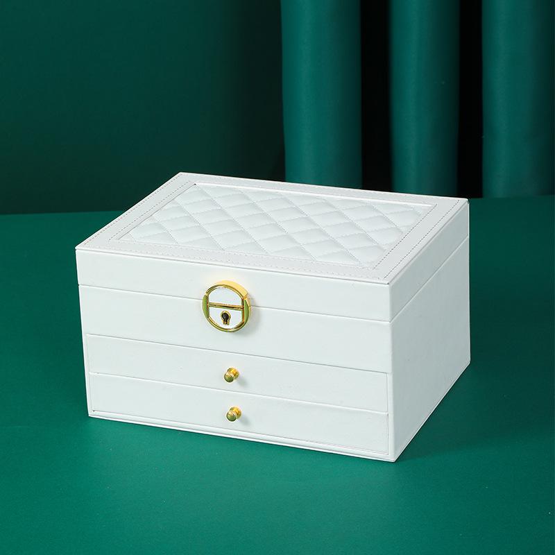 

Шкатулка для украшений из искусственной кожи в европейском стиле с замком - большая вместимость, трехъярусный ящик для сережек и ожерелий 23*17*13.5 cm белый