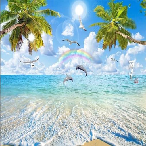 Beautiful Sea Mural Coconut Landscape Wallpaper Beach And Tree Dolphin Mural Living Room Bedroom Background Wallpaper