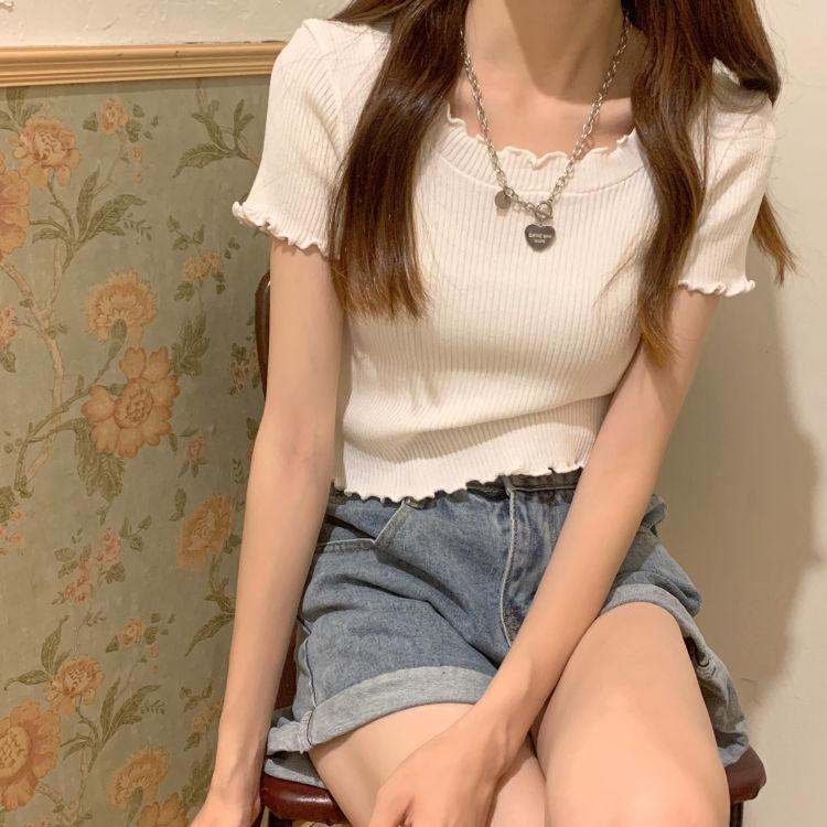 Ice Silk Short Sleeved T-shirt for Women In Summer Slim Fit and Slimming Short Top with Mushroom Edge Design Fashionable and Versatile Knit Shirt