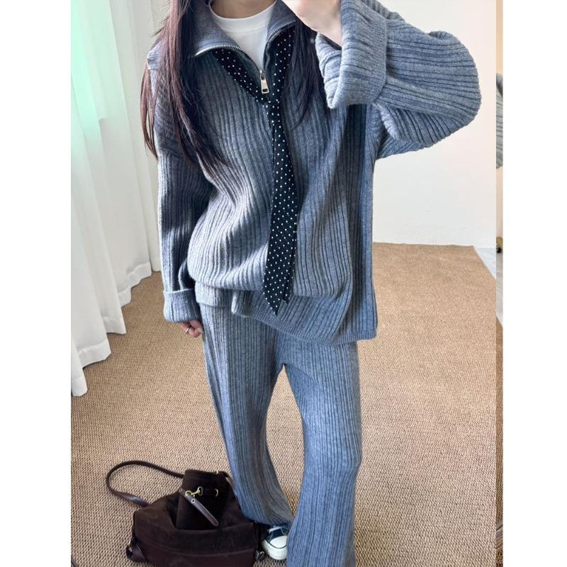 Half Zipper Polo Neck Pullover Knitted Sweater Women's New Casual Wide-leg Pants Two-piece Autumn and Winter Suit