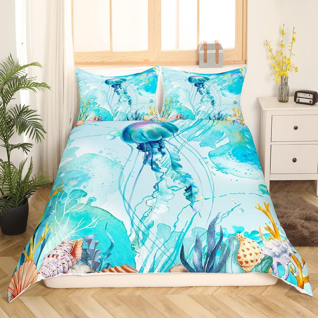 Teal Comforter Cover Set King Size Ocean Decor,Jellyfish Duvet Cover Bedding Set Ocean Bedroom Decor Quilt Cover 1 Pillowcase