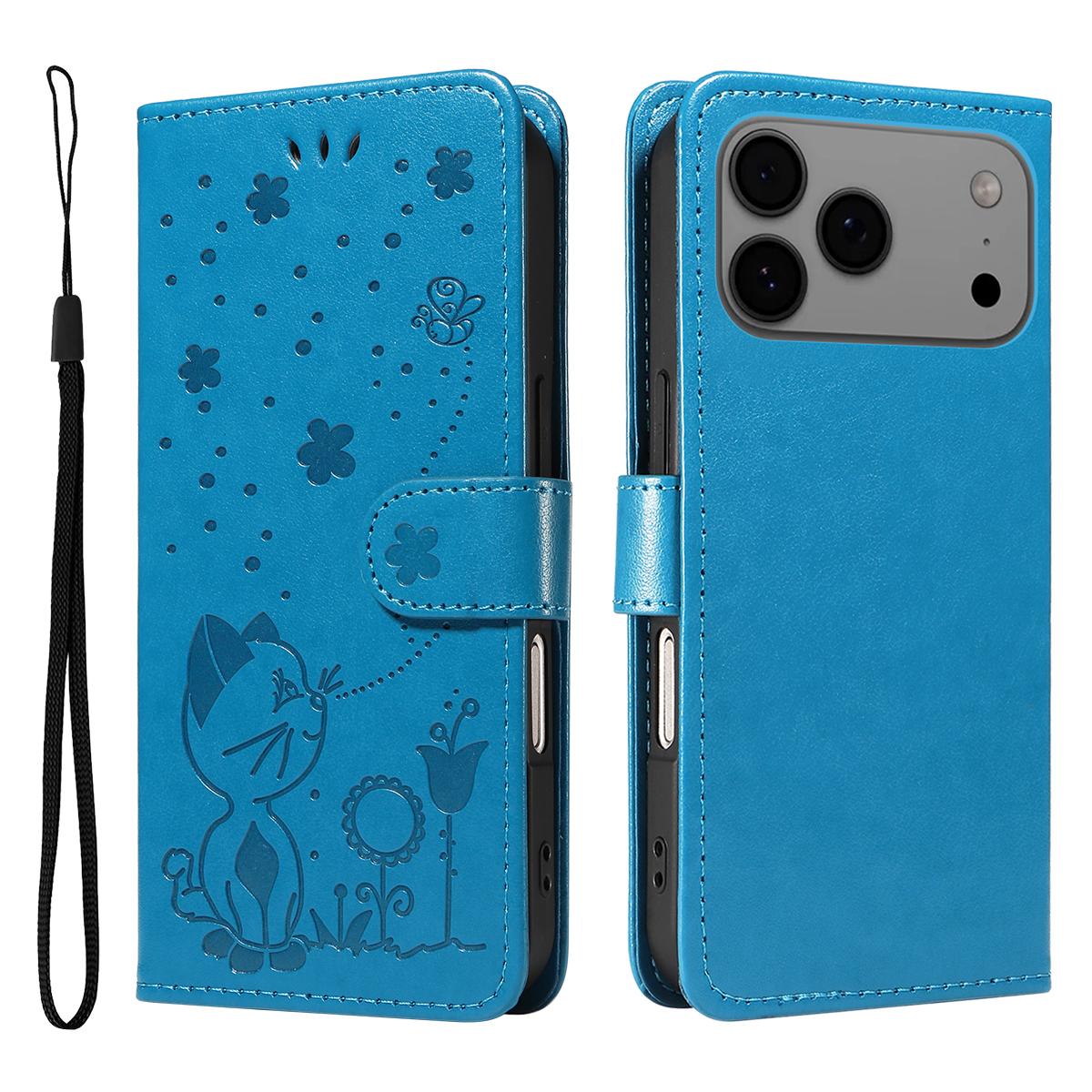 

For iPhone 17 Pro Max Leather Wallet Case Cat Bee Pattern Phone Cover Stand Blue