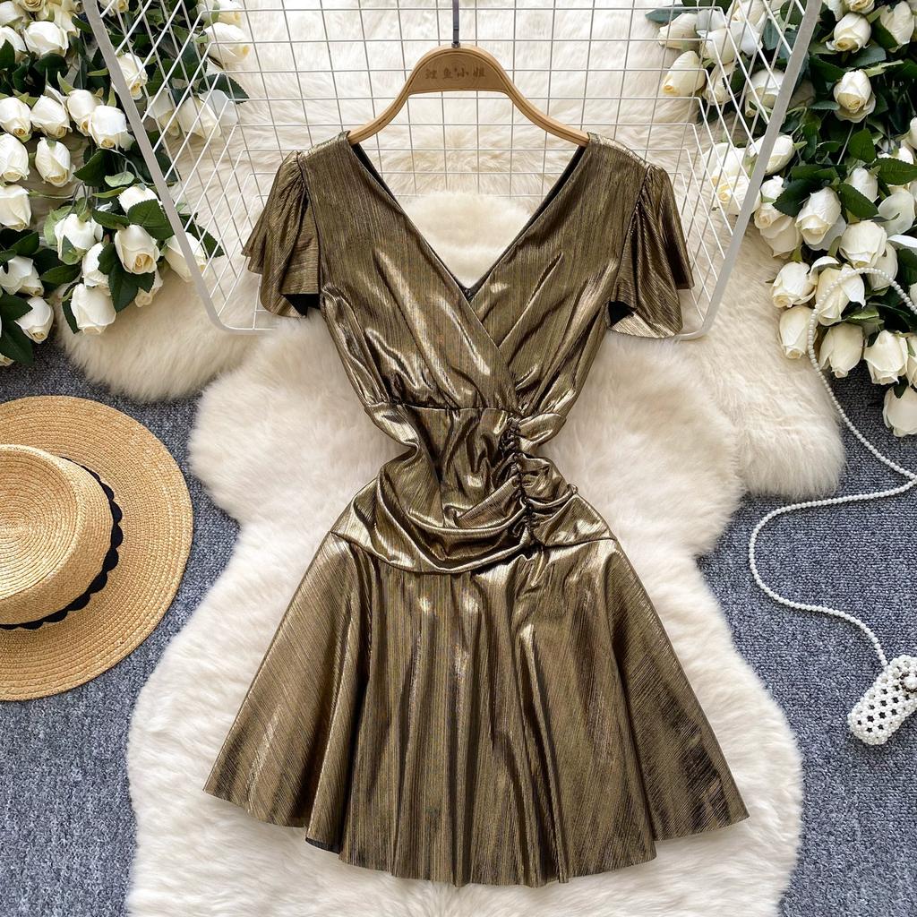 Summer Women V-neck Mini Short Sexy Club Party Fold Dresses