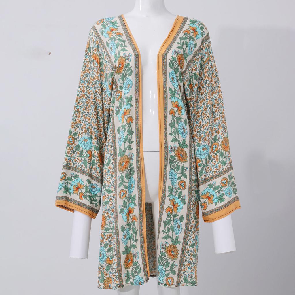 Women's  Summer Casual Fashion Print  Sleeve Loose Holiday Long Cardigan Top