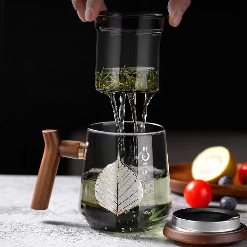 Hochborosilikatglas Hochtemperaturbeständig Glas Teetasse Tee-Wasser-Trennung Kann getrennt werden Dreiteilige Holztasse Büro Trinkbecher