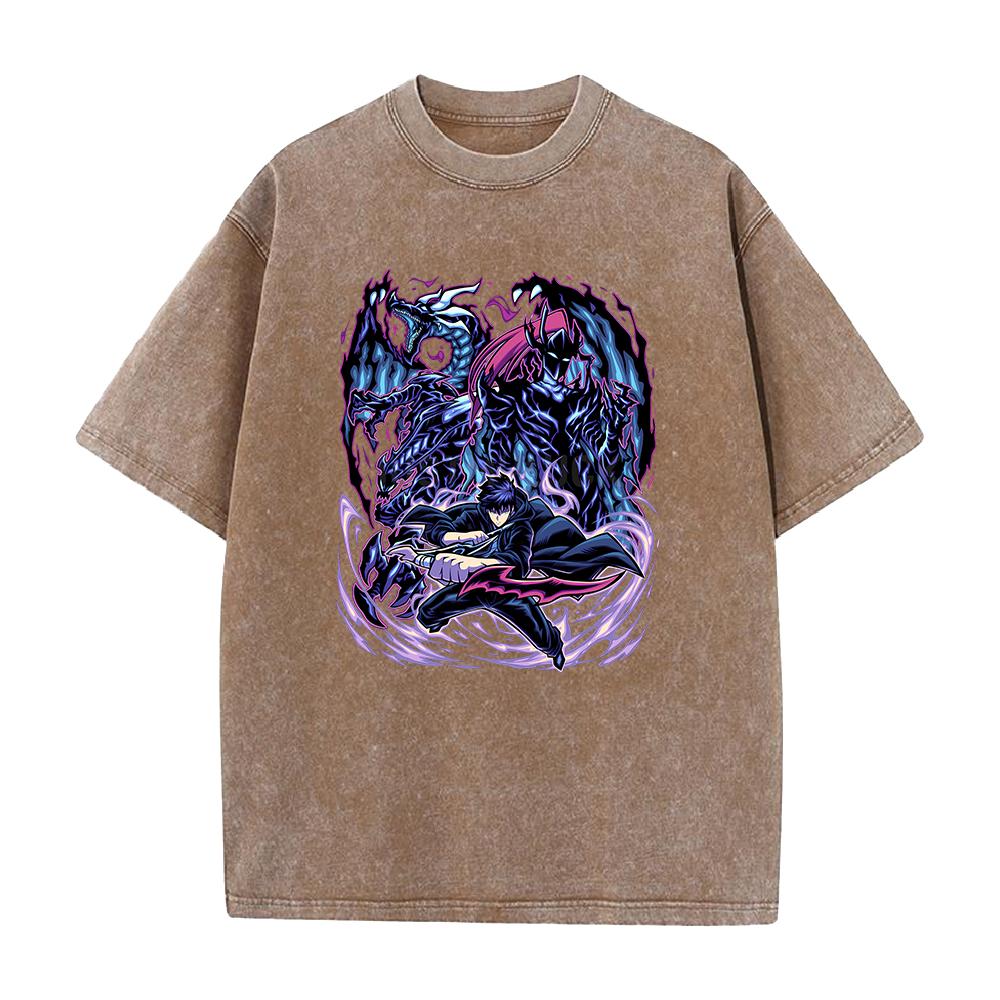 Anime Solo Leveling Sung Jin Woo Beru Print Washed Tee Men High Quality Cotton T-shirts Oversized T Shirt Harajuku Male Tshirt