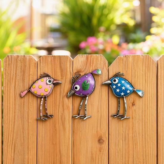 3 Pcs Colorful Wooden Bird Wall Decor Set, Cute Cartoon Bird Ornaments with Polka Dots, Weatherproof Metal Bird Signs