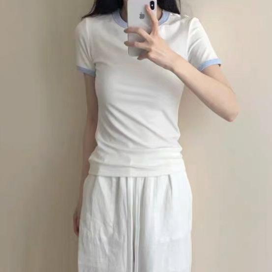 Korean contrasting color pure cotton short-sleeved t-shirt women's summer niche design sense solid color slim and thin inner top