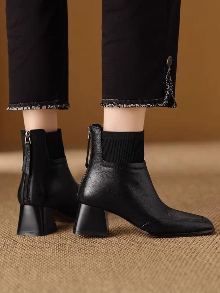 Fashion Ankle Boots for Women Heeled Leather Splicing Knit Office Booties Comfortable and Elegant Goth Y2k Autumn Chic Woman Short Shoes