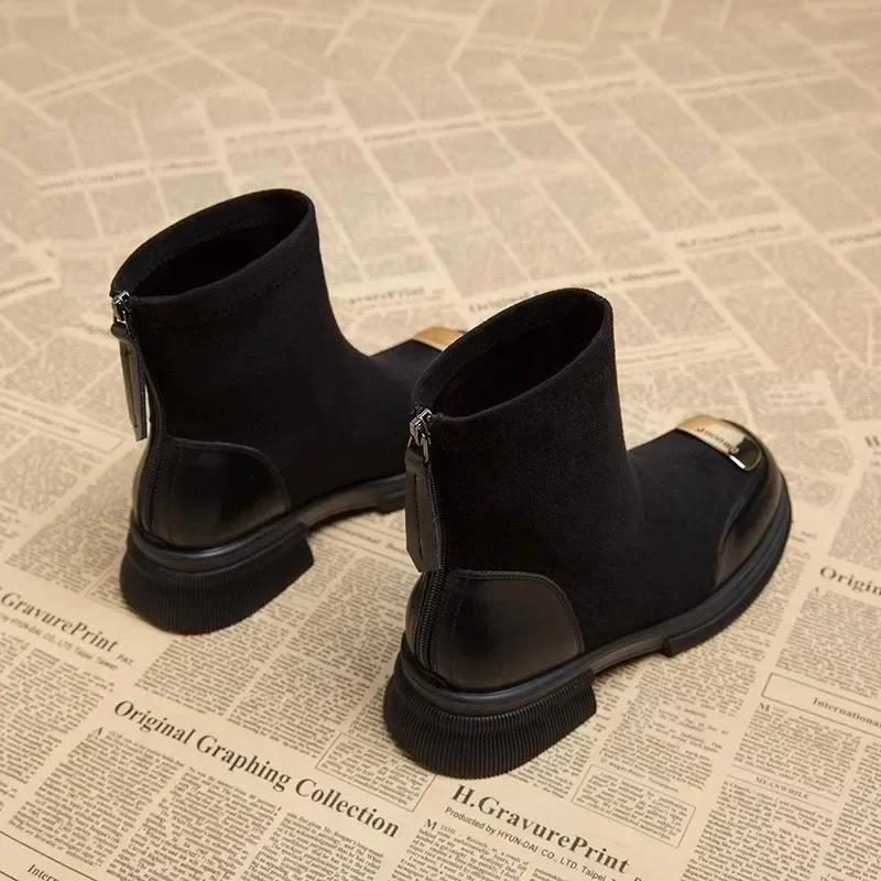 Women's Fashion Boots Round Toe Mid Heel Spring/autumn Ankle Ladies Shoes Solid Sewing Concise Women Boots Metallic Sequins 2024