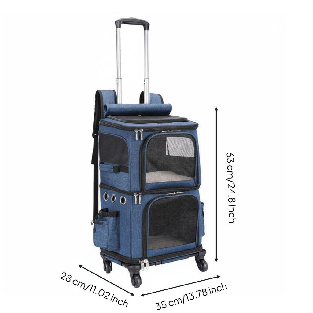 Double-Deck Pet Carrier Breathable Trolley Bag Telescopic Handle Cat Travel