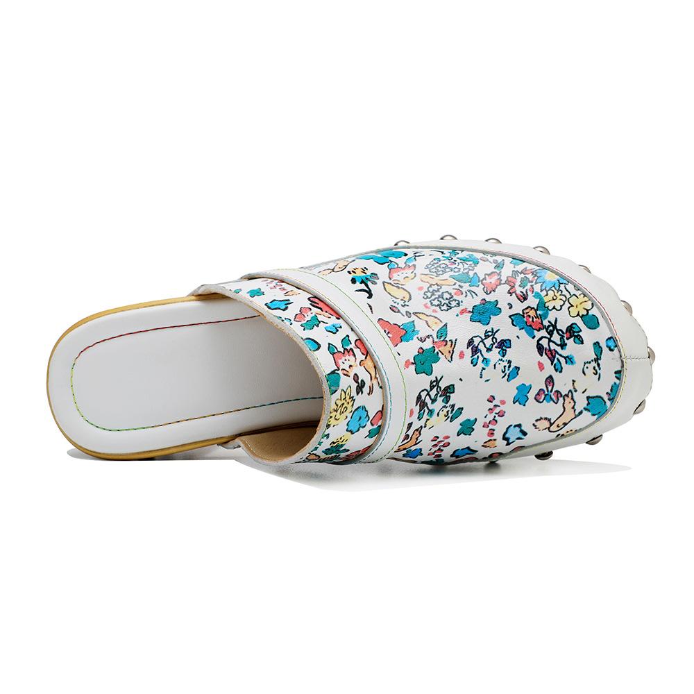 În stil pictură în ulei de epocă, cu tocuri înalte, pantofi pentru femei, din piele naturală, pantofi cu slip-on, retro, cu vârf rotund