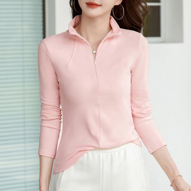 Dámské jarní bavlněné tričko s dlouhým rukávem a polozvýšeným krkem, slim