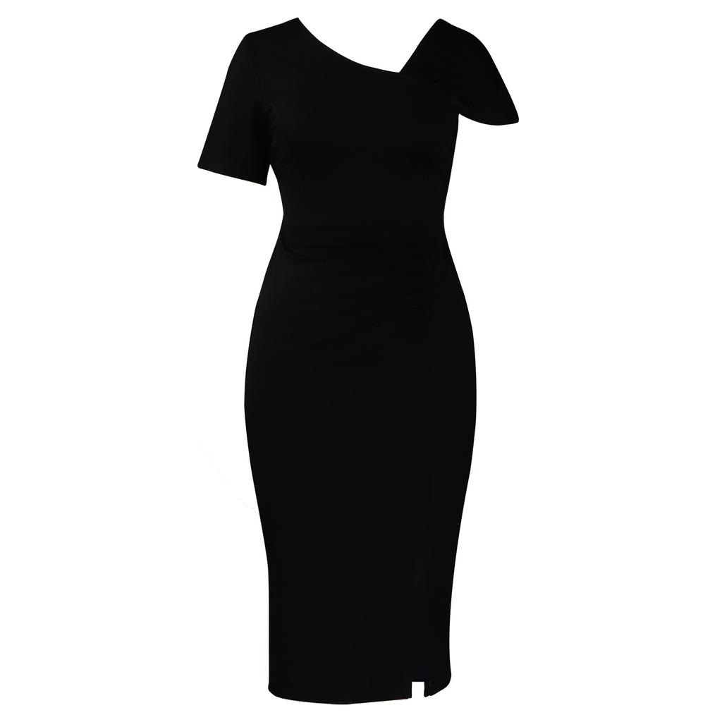 Women Fashion Elegant Solid High Waist Hip Wrap Short Sleeve Midi Dress