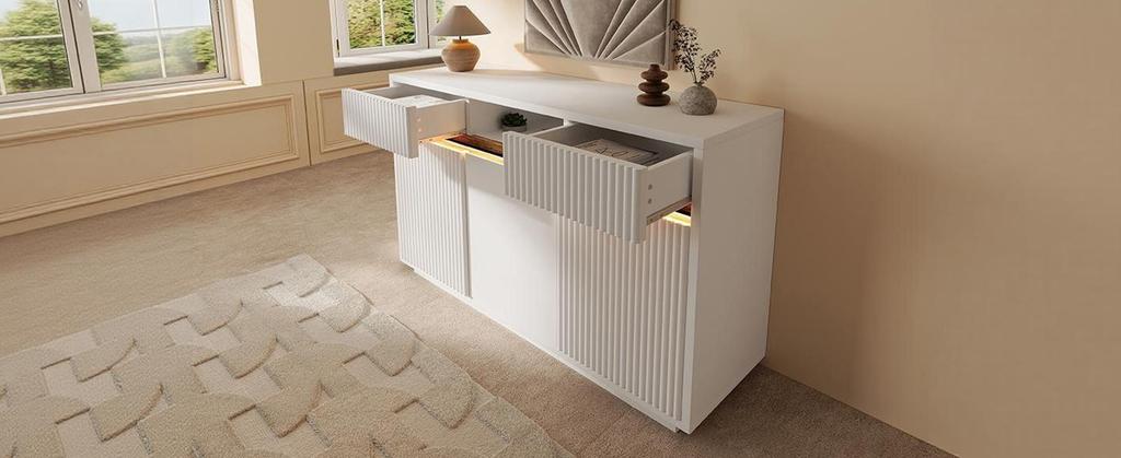 Sideboard White with LED 140x40x85 Cm, Chest of Drawers with 2 Drawers and 3 Doors, with Adjustable Shelves, Modern Living Room, Hallway, Kitchen