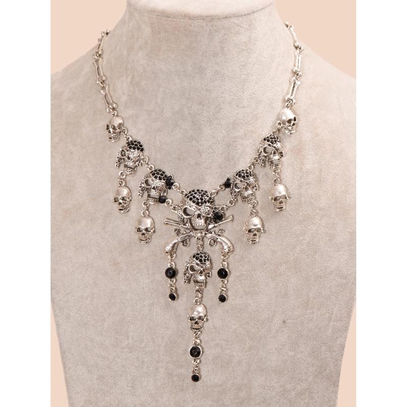 Halloween Pirate Skull Necklace Unisex Personality Skeleton Pendant Bones Chain Alloy Choker Women Jewelry Accessories