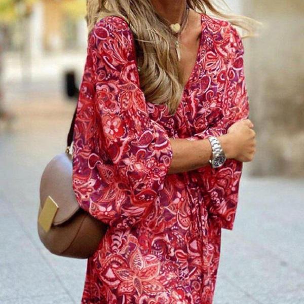 Abito boho casual estivo da donna con stampa floreale, maniche a sbuffo, vita alta, abiti da spiaggia midi