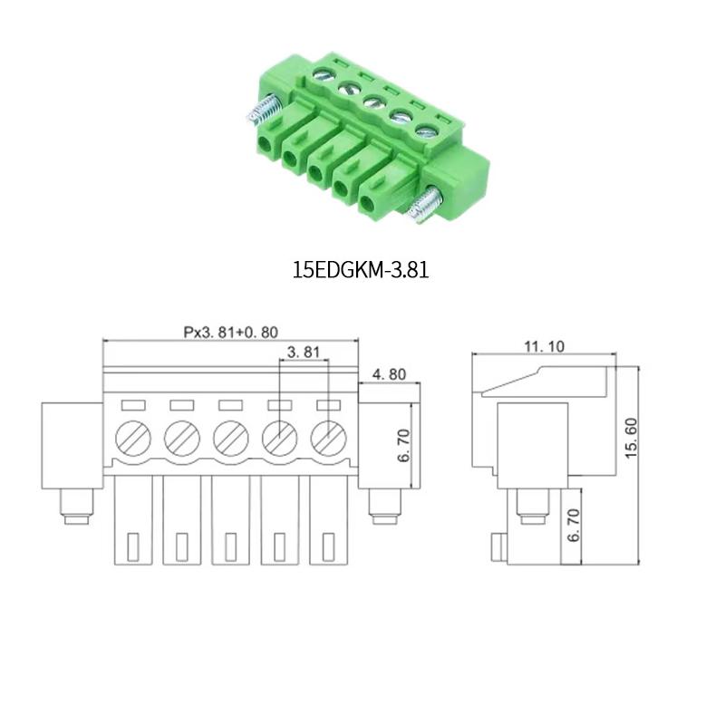 15EDGKM 3.81mm Pitch Plug in Terminal Block Wire Connector PCB Connector Hole Type Plug with Ears