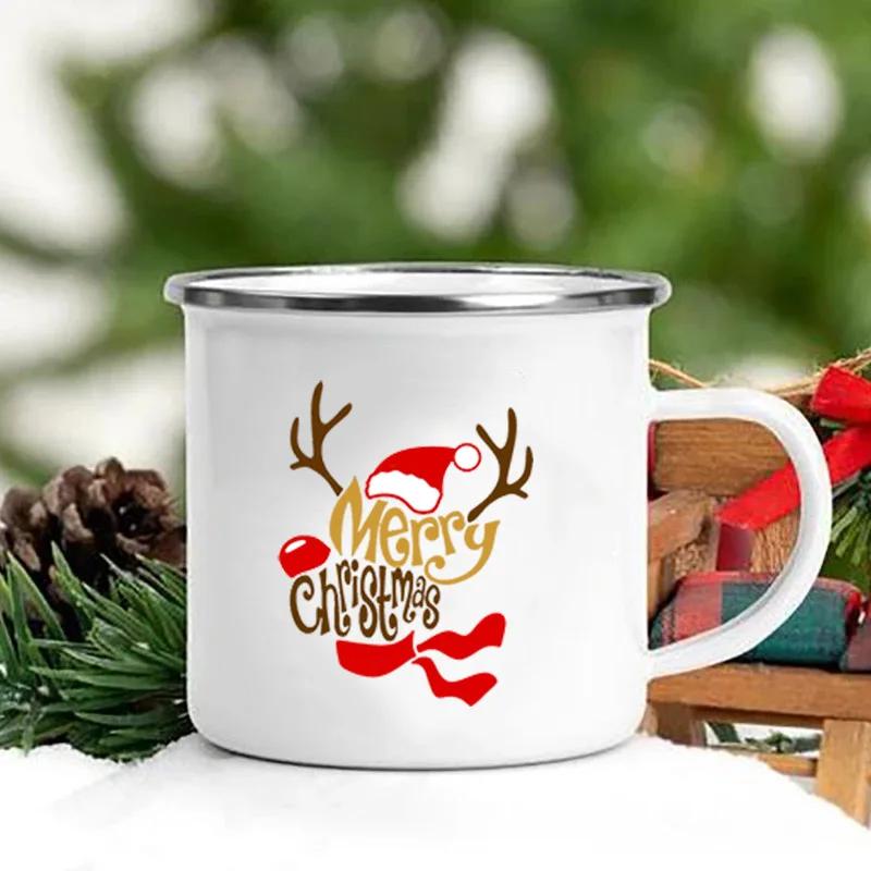 Merry Christmas Print Creative Enamel Coffee Tea Wine Drink Mug Dessert Hot Cocoa Milk Cup Cake Mugs Handle Drinkware Xmas Gifts
