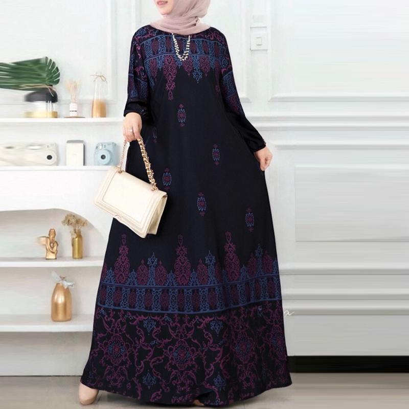 ZANZEA Women Casual Round Neck Long Sleeve Print Muslim Long Dress
