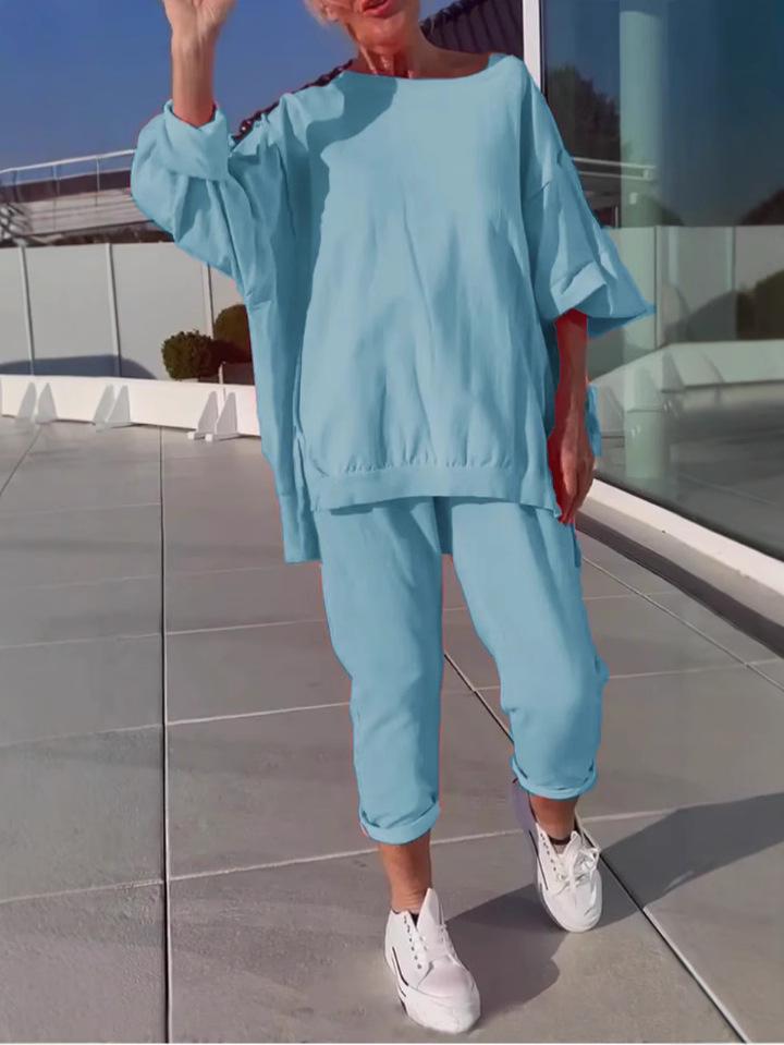 2025 Women's Casual Solid Color Long Sleeve Top and Pants Set - European & American Style